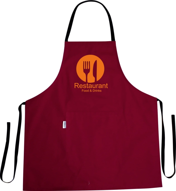 Köögikittel restoranitoidu ja -jookide trükiga.