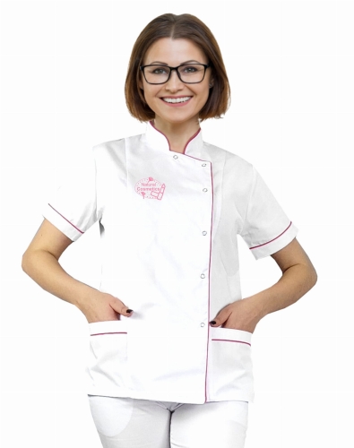 Valge kosmeetikajakk amarantroosa äärise ja logoga