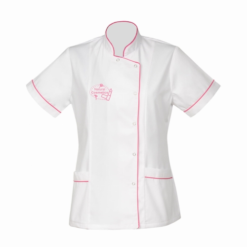 Valge kosmeetikajakk amarantpunase äärisega logoga