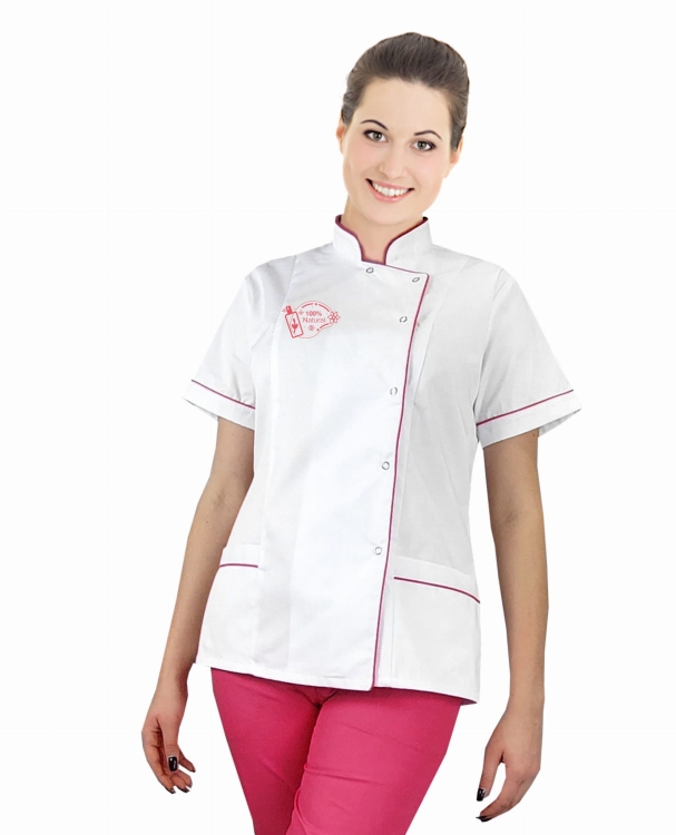 Valge kosmeetikajakk amarantroosa äärise ja logoga