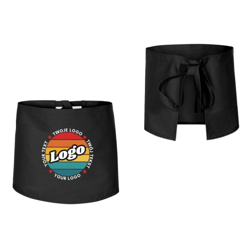 Zapaska kucharska krótka czarna wiązana długość 40cm z twoim nadrukiem logo przód i tył.jpg