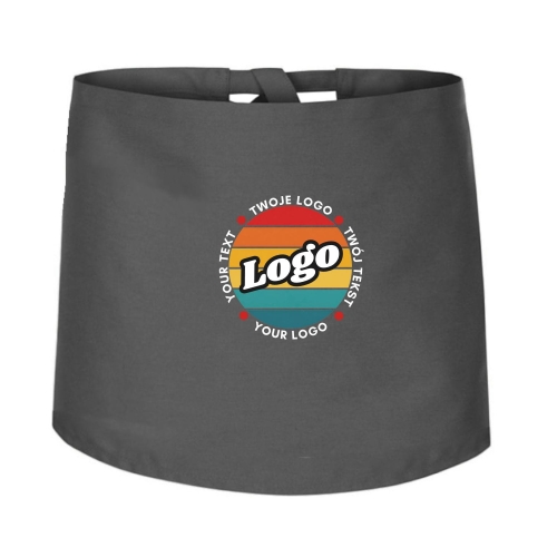 Zapaska kucharska krótka szara wiązana długość 40cm z twoim nadrukiem logo.jpg