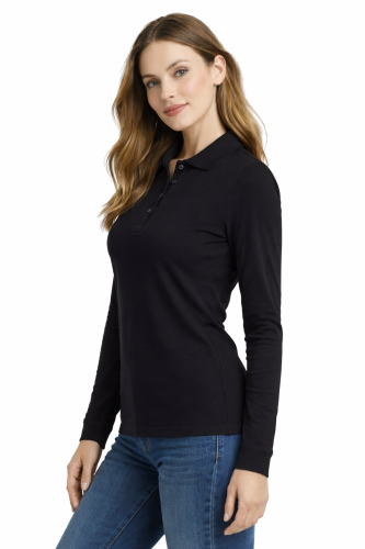 Koszulka polo damska długi rękaw czarna lewy bok.png