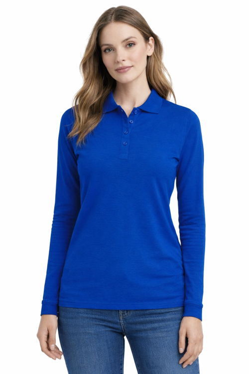 Koszulka polo damska długi rękaw chabrowa przód.png