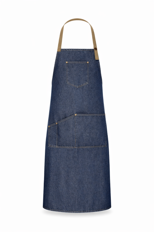 Fartuszek kuchenny gastronomiczny jeans z beżowymi szelkami i kieszeniami mockup.png