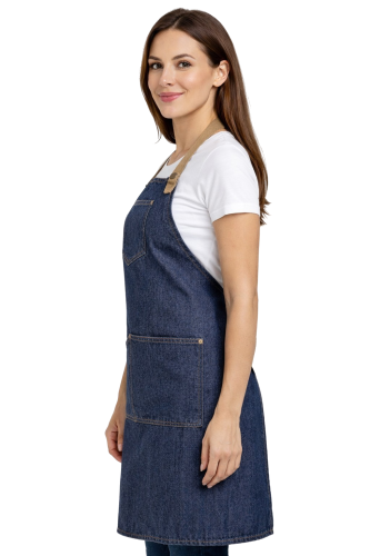 Fartuszek kuchenny gastronomiczny jeans z beżowymi szelkami i kieszeniami widok lewego boku.png