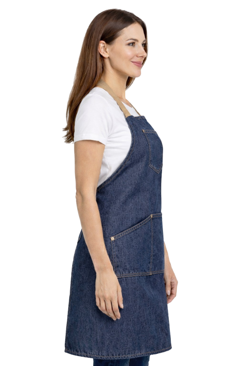 Fartuszek kuchenny gastronomiczny jeans z beżowymi szelkami i kieszeniami widok prawego boku.png