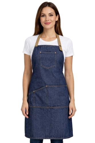 Fartuszek kuchenny gastronomiczny jeans z beżowymi szelkami i kieszeniami.png