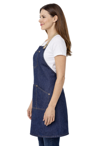 Fartuszek kuchenny gastronomiczny jeans z beżowymi szelkami i kieszeniami krótki lewy bok.png