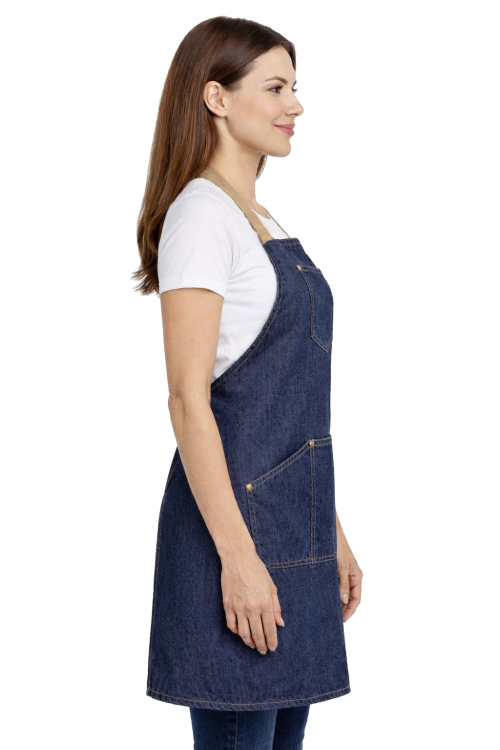 Fartuszek kuchenny gastronomiczny jeans z beżowymi szelkami i kieszeniami krótki prawy bok.png