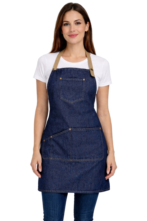 Fartuszek kuchenny gastronomiczny jeans z beżowymi szelkami i kieszeniami krótki.png