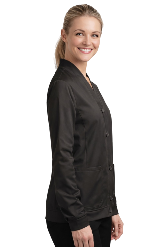 Bluza medyczna damska zapinana na guziki czarna widok z boku.png