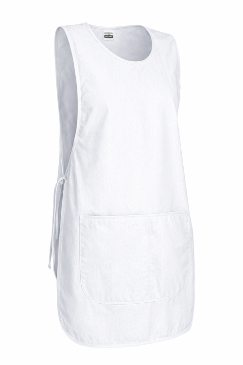 Fartuszek kuchenny wkładany przez głowę zawiązywany z boku z podwójną kieszenią kolor biały mockup bok.png