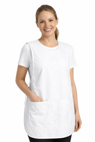 Fartuszek kuchenny wkładany przez głowę zawiązywany z boku z podwójną kieszenią kolor biały.png