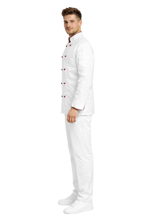 Profesjonalny zestaw szefa kuchni męski – biały z bordową lamówką  długi rękaw