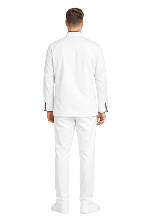 Profesjonalny zestaw szefa kuchni – biały z bordową lamówką  długi rękaw