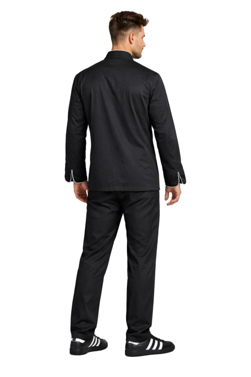 Profesjonalny męski  zestaw szefa kuchni – czarny z biała lamówką i długimi rękawami.png