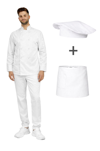 Kompletny uniform kucharski, męski  zestaw kucharski długi rękaw ,biała  zapska