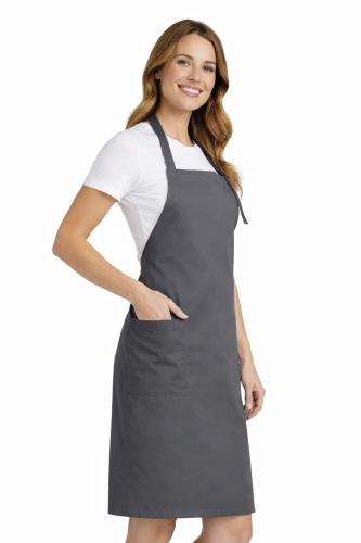 Profesjonalny fartuch gastronomiczny z kieszenią boczną regulowaną klamrą z karczkiem kolor szara widok z boku.png