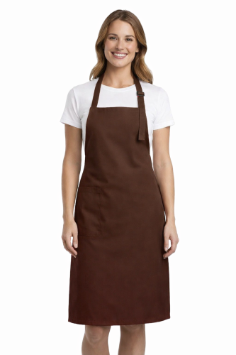 Profesjonalny fartuch gastronomiczny z kieszenią boczną regulowaną klamrą z karczkiem kolor brązowy.png