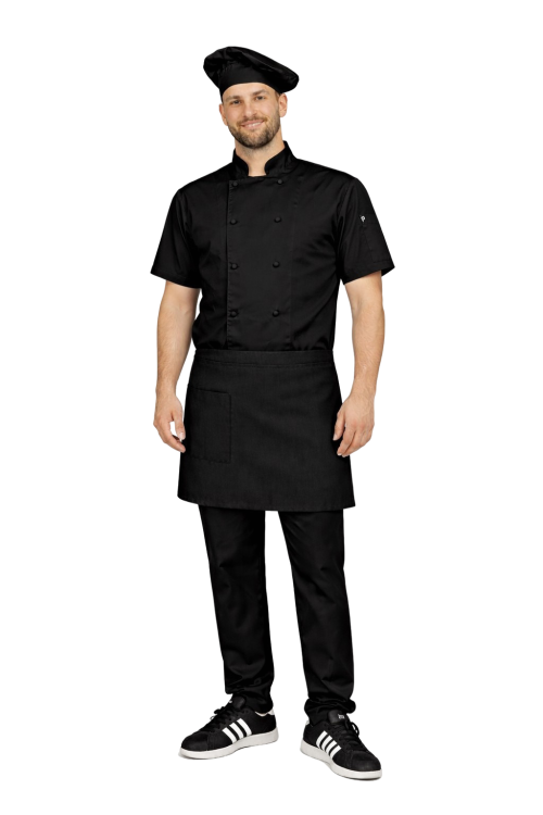 Zestaw kucharski z krótkim rękawem – uniform szefa kuchni ,czarny z czarną  zapaską