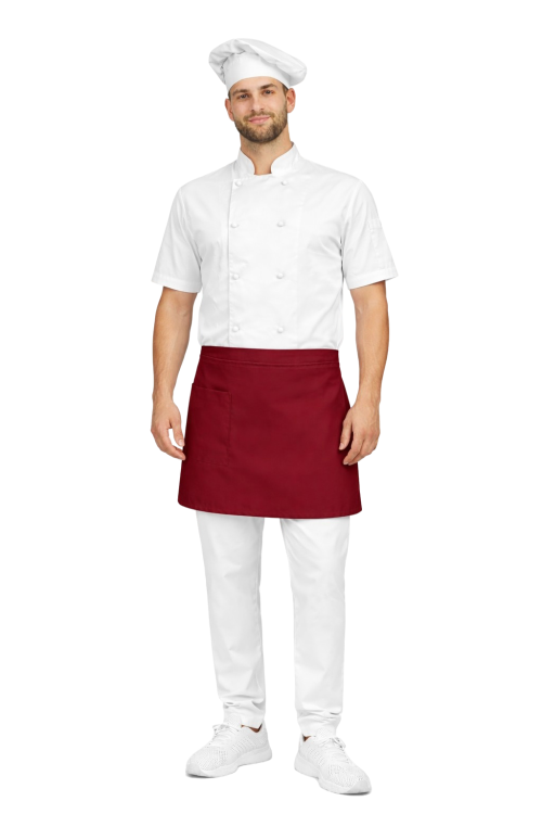 Zestaw kucharski z krótkim rękawem – uniform szefa kuchni ,biały z bordową  zapaską.png