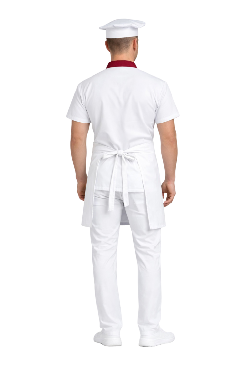 Zestaw kucharza idealny do szkoły  z krótkim rękawem – uniform z bordowymi wstawkami  i białą zapaską