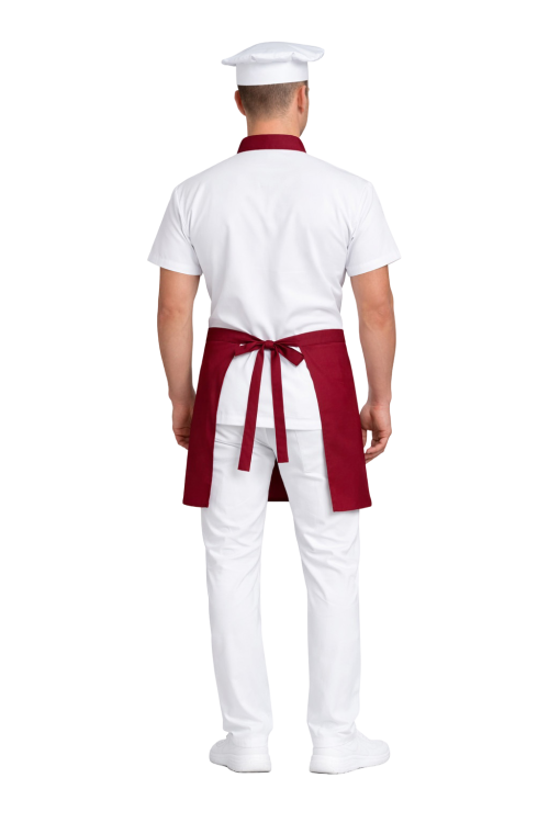 Zestaw kucharza idealny do szkoły  z krótkim rękawem – uniform z bordowymi wstawkami  i bordową zapaską