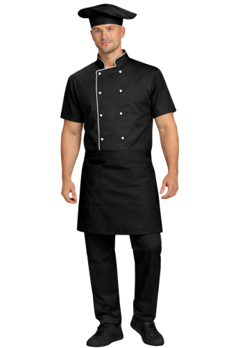 Gastronomiczny zestaw kucharza z krótkim rekawem  – uniform szkolny czarny  z białą  lamówką i czarną  zapaską.png