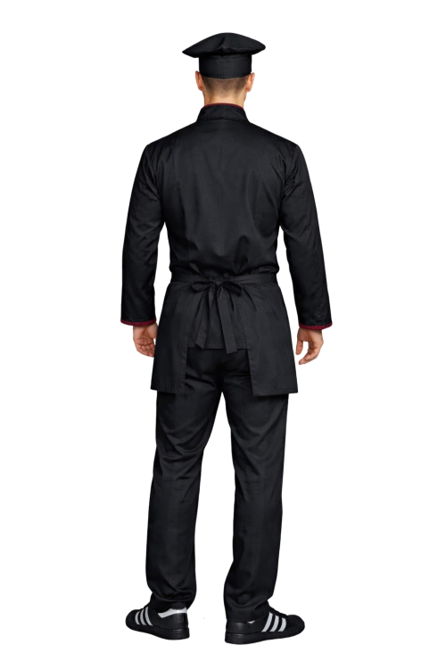 Zestaw kucharza  z długim rękawem– uniform szkolny czarny z bordową  lamówką i czarną   zapaską.png