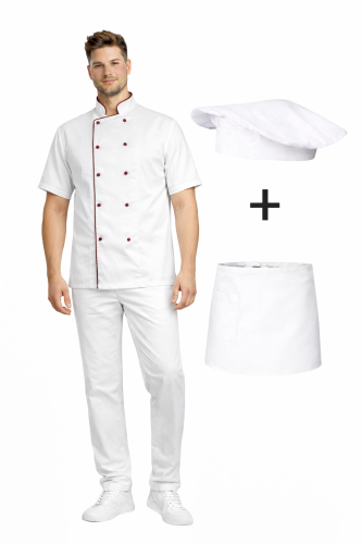 Zestaw gastronomiczny krótki rękaw dla szefa kuchni,ucznia biały  z bordową  lamówką i białą  zapaską.png