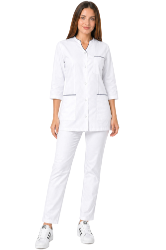 Komplet medyczny damski 3/4 rękaw biały żakiet   z granatową lamówką i białymi spodniami