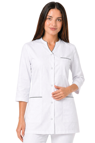 Biały żakiet medyczny damski z rękawem 3/4 i lamówką w kolorze szarym