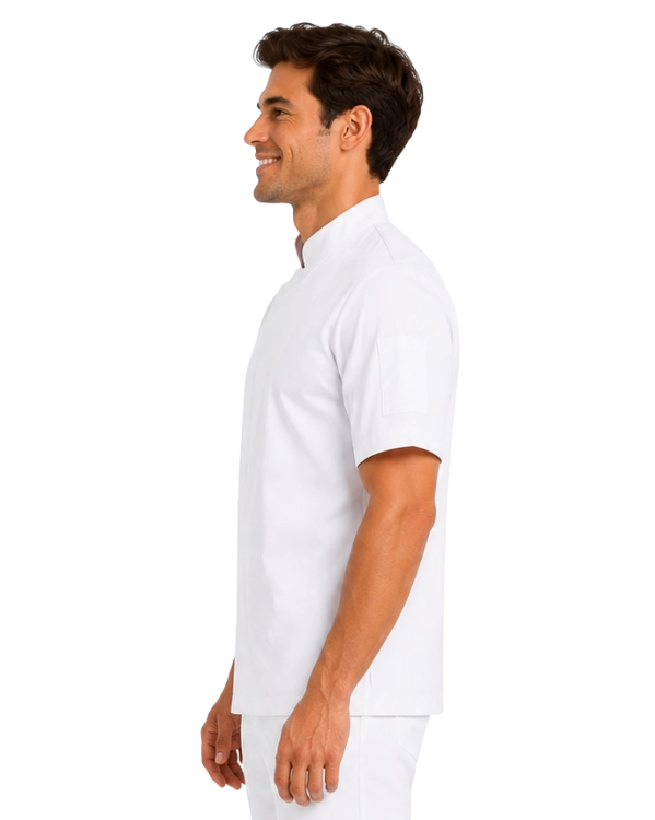 Bluza kucharska męska asymetryczna krótki rekaw kolor biały widok z boku.png